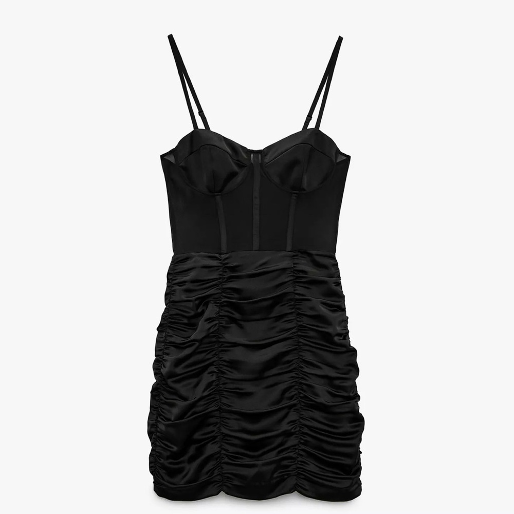 ZARA Corset Elegant Black Ruched Satin Mesh Dress Size S NWT